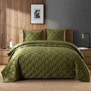 Velvet Quilt Set Queen Olive Green (6640)